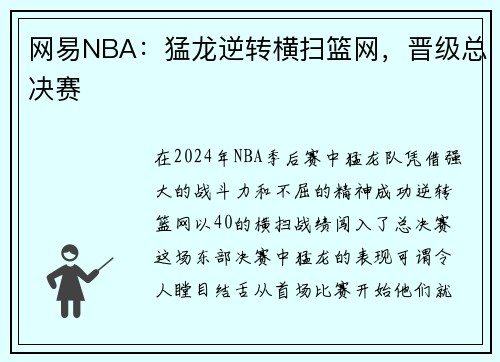 网易NBA：猛龙逆转横扫篮网，晋级总决赛
